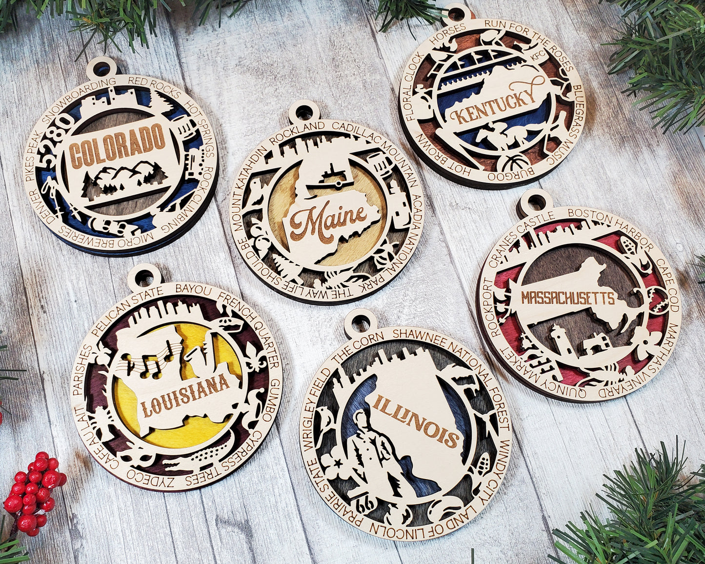 Wooden Christmas Ornaments, State Ornaments, Holiday Decorations