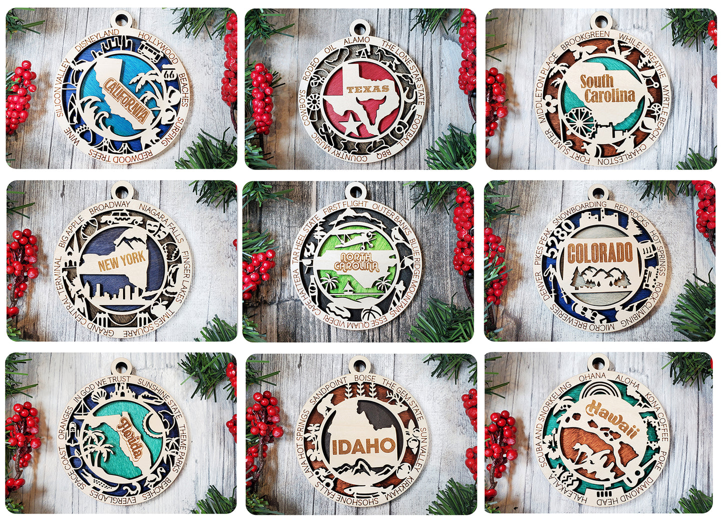 Wooden Christmas Ornaments, State Ornaments, Holiday Decorations