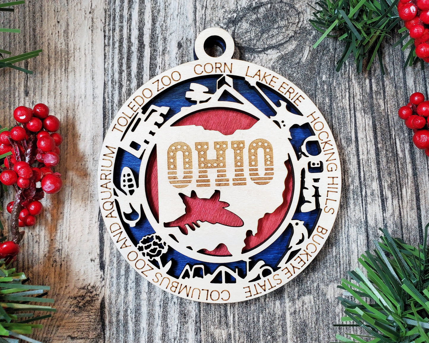 Wooden Christmas Ornaments, State Ornaments, Holiday Decorations